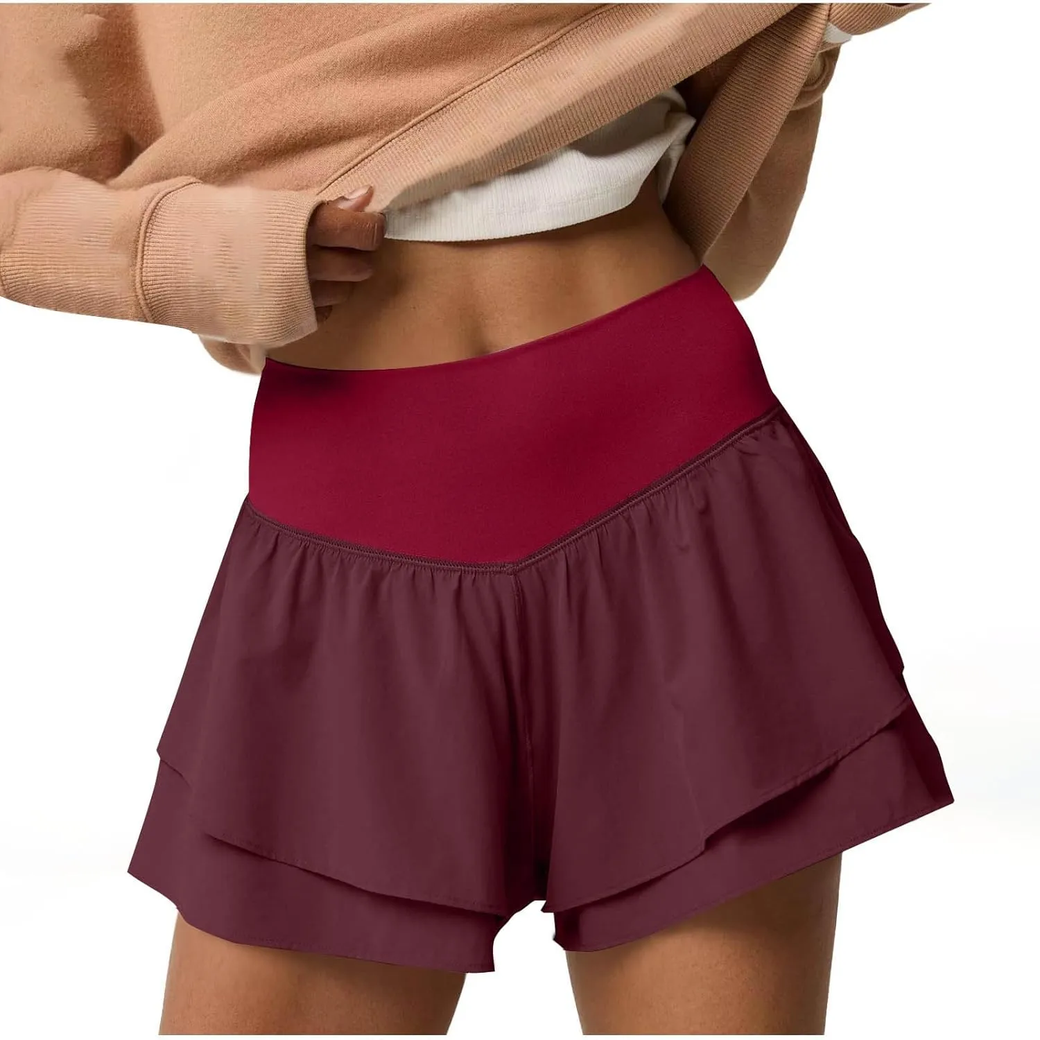2 in 1 Running Shorts for Women Flowy High Waisted Athletic Shorts Double Layered Ruffle Workout Tennis Skirt Skorts