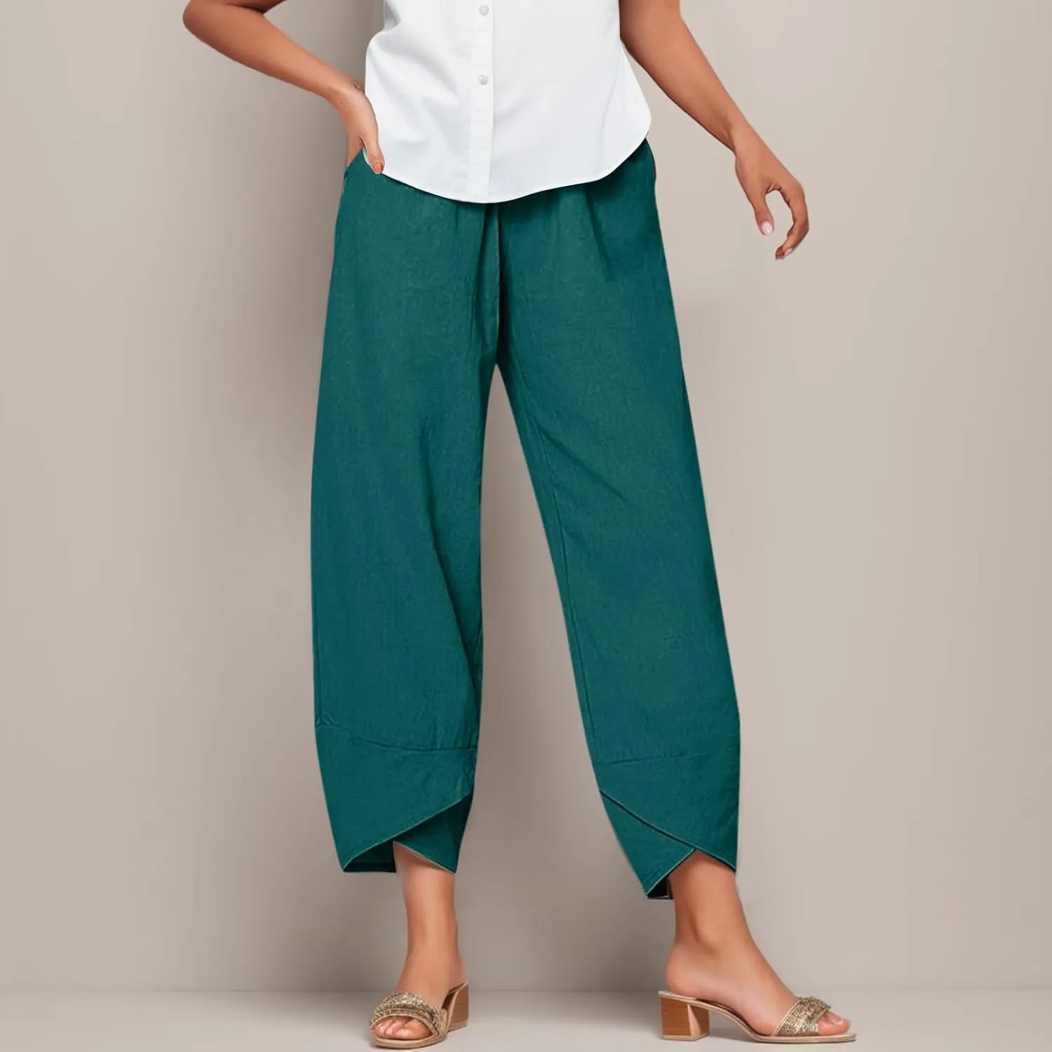 2024 Women's Capri Pants Summer Cotton Linen Yoga Pants Trendy Casual Wide Leg Beach Pant Elastic Waist Palazzo Trousers
