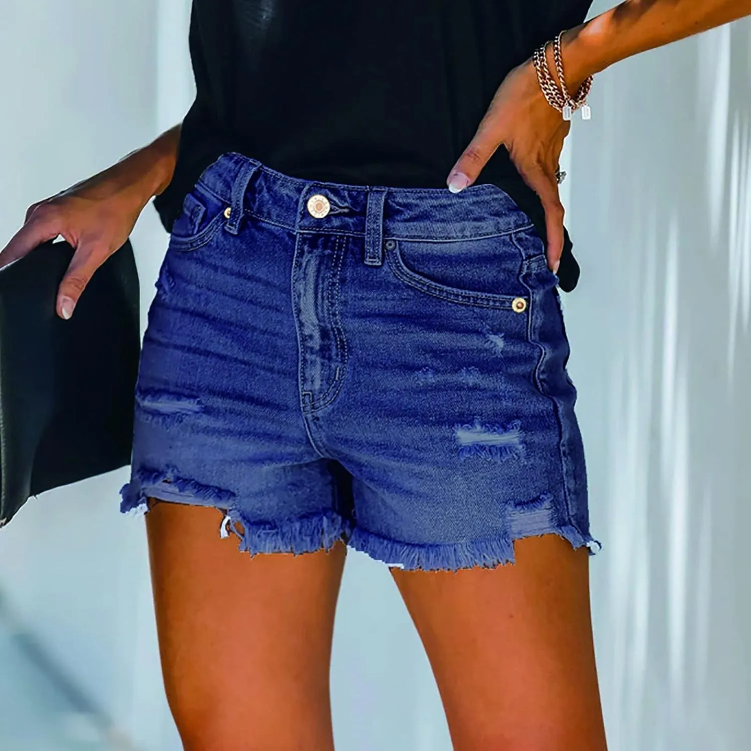 2025 Women's High Waist Button Fly Denim Jean Shorts Hemline Cotton Denim Stretch Jean Shorts Stretchy Jean Short