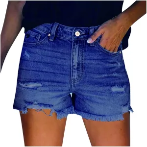 2025 Women's High Waist Button Fly Denim Jean Shorts Hemline Cotton Denim Stretch Jean Shorts Stretchy Jean Short