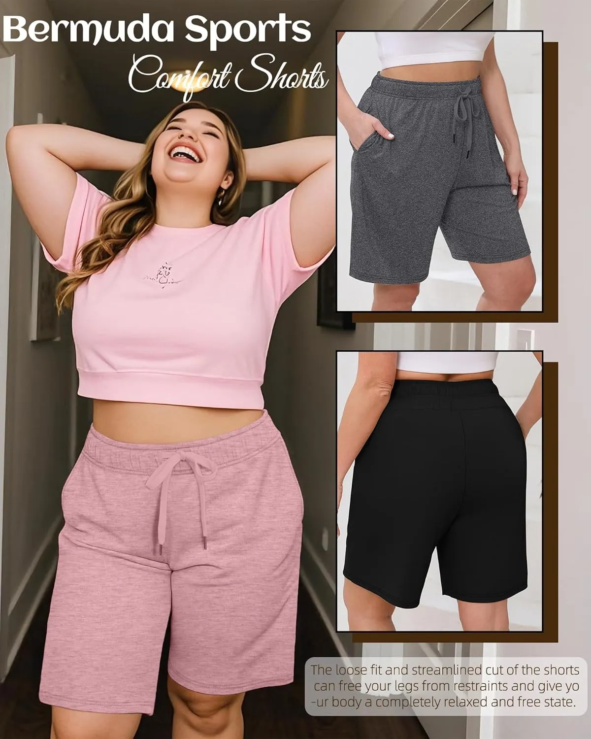 3 Pack Plus Size Bermuda Shorts for Women Comfy Loose Casual Drawstring Sweat Pants with Pockets XL-5XL