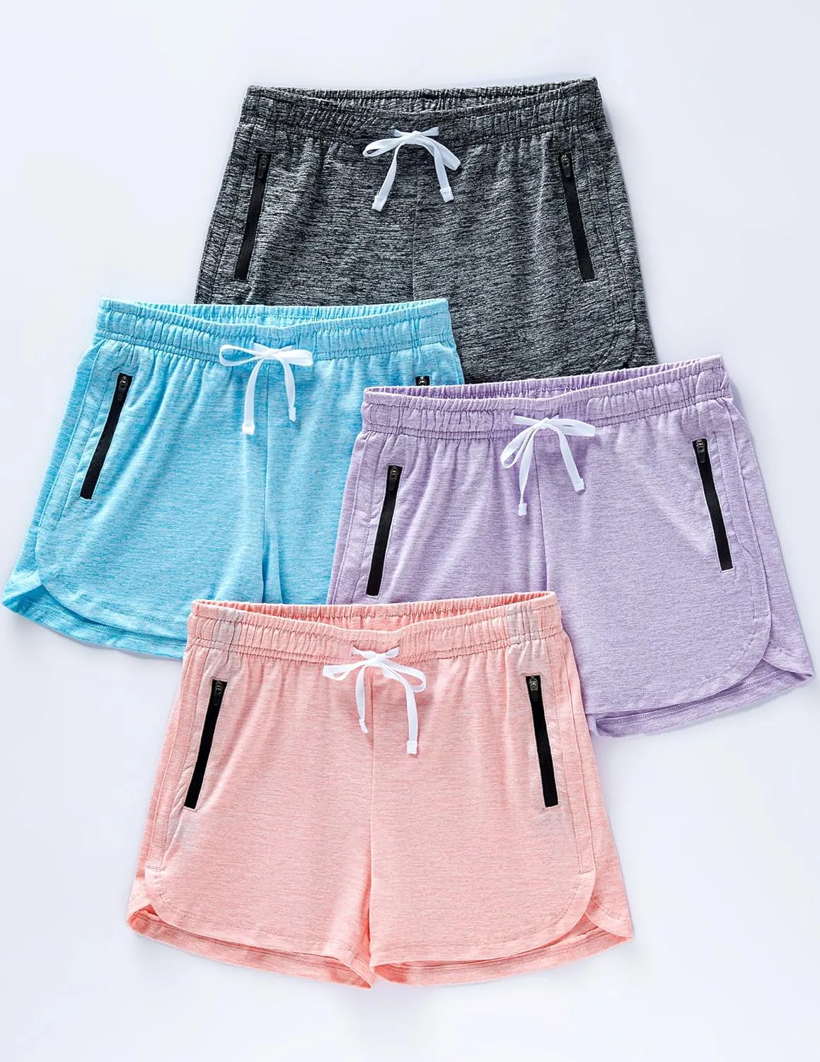 4 Pack Youth Girls Athletic Shorts 3", Girls Soccer Shorts, Kids Workout Gym Clothes Activewear Apparel with Zipper Pockets