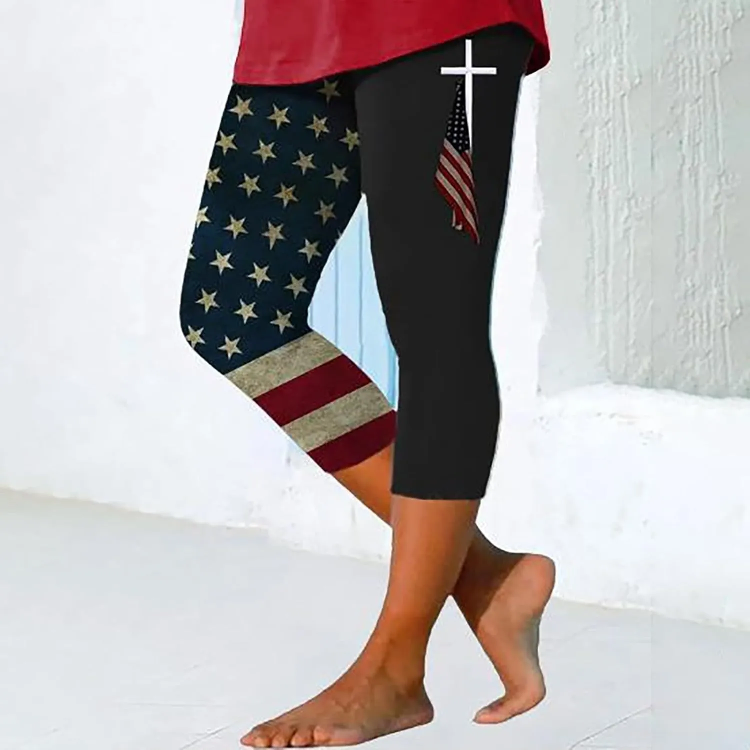 4th of July Capri Leggings for Women Summer High Waist Capris Pant Tummy Control Knee Length Slim Fit Yoga Cropped Trouser