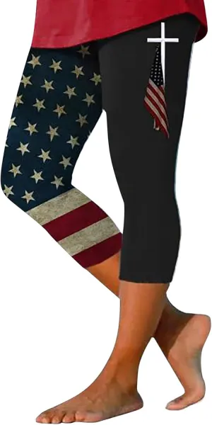 4th of July Capri Leggings for Women Summer High Waist Capris Pant Tummy Control Knee Length Slim Fit Yoga Cropped Trouser