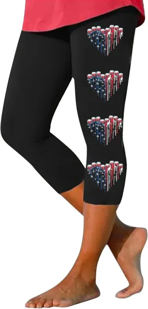 4th of July USA Patriotic Womens Capris Leggings Pants Tummy Control Knee Length Slim Fit Yoga Cropped Trouser