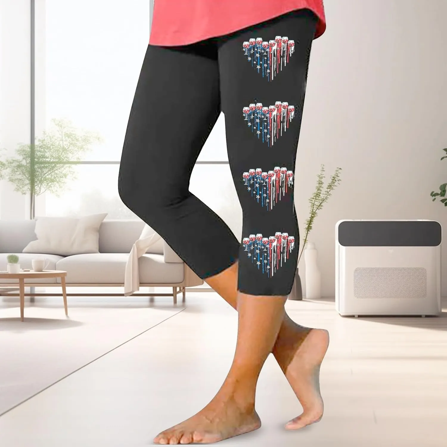 4th of July USA Patriotic Womens Capris Leggings Pants Tummy Control Knee Length Slim Fit Yoga Cropped Trouser