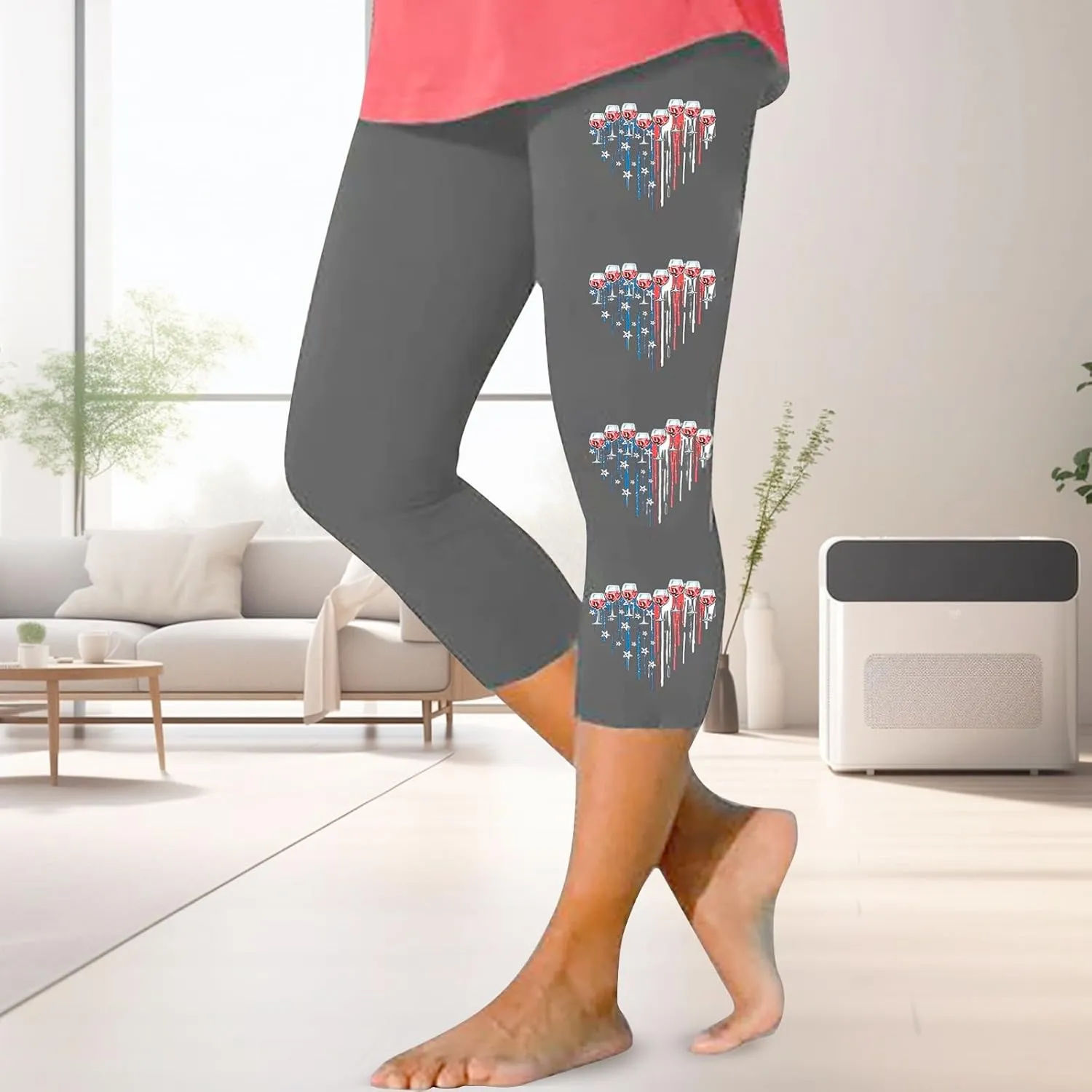 4th of July USA Patriotic Womens Capris Leggings Summer High Waist Pant Tummy Control Knee Length Slim Fit Yoga Cropped