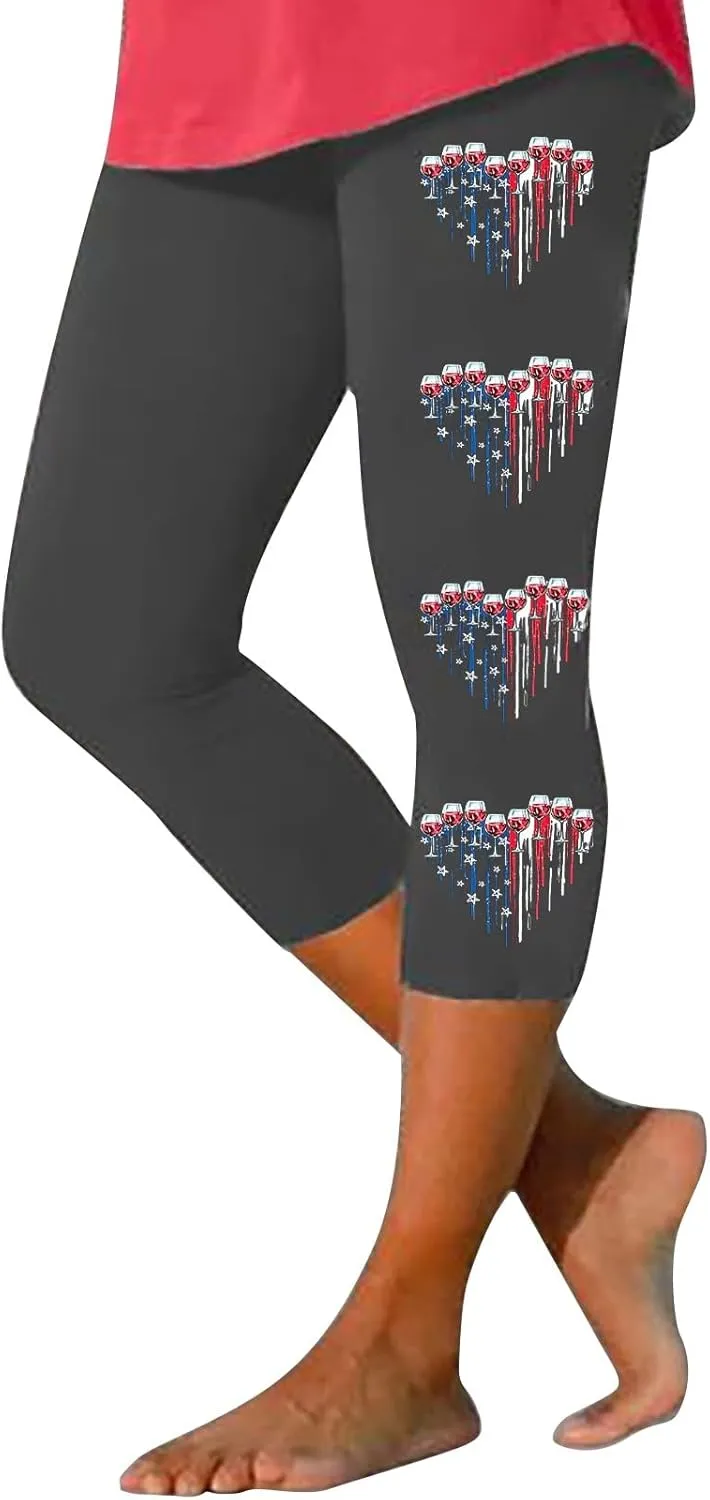 4th of July USA Patriotic Womens Capris Leggings Summer High Waist Pant Tummy Control Knee Length Slim Fit Yoga Cropped