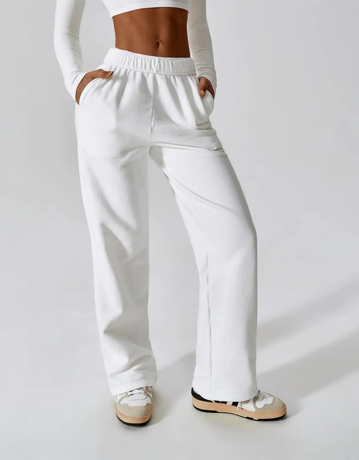 ABOCIW Women's Fleece Lined Wide Leg Sweatpants Elastic High Waisted Baggy Athletic Joggers Pants with Pockets