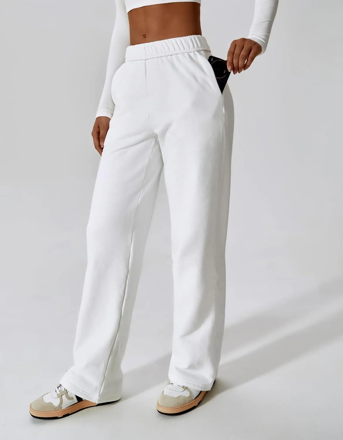 ABOCIW Women's Fleece Lined Wide Leg Sweatpants Elastic High Waisted Baggy Athletic Joggers Pants with Pockets