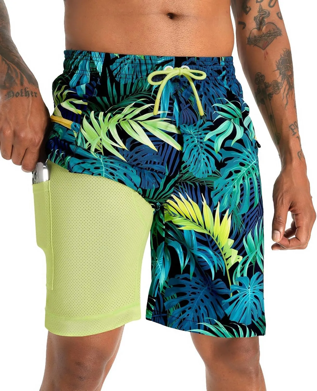 APTRO 2 in 1 Men's Swim Trunks 9" with Zipper Pockets Bathing Suit Built-in Board Shorts Swimwear Long Shorts
