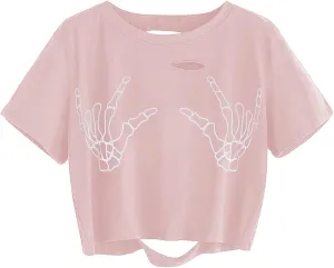 Avanova Women Skull Finger Graphic Distressed Tee Shirt Ripped Short Sleeve Crop Tops