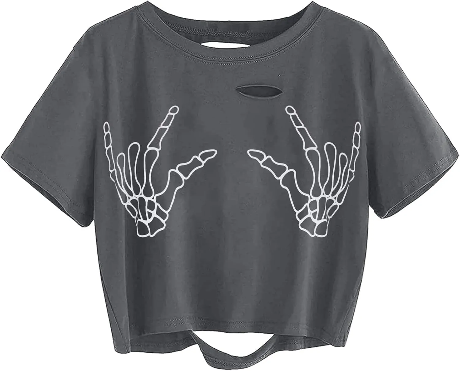 Avanova Women Skull Finger Graphic Distressed Tee Shirt Ripped Short Sleeve Crop Tops