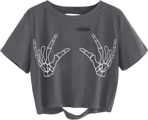 Avanova Women Skull Finger Graphic Distressed Tee Shirt Ripped Short Sleeve Crop Tops