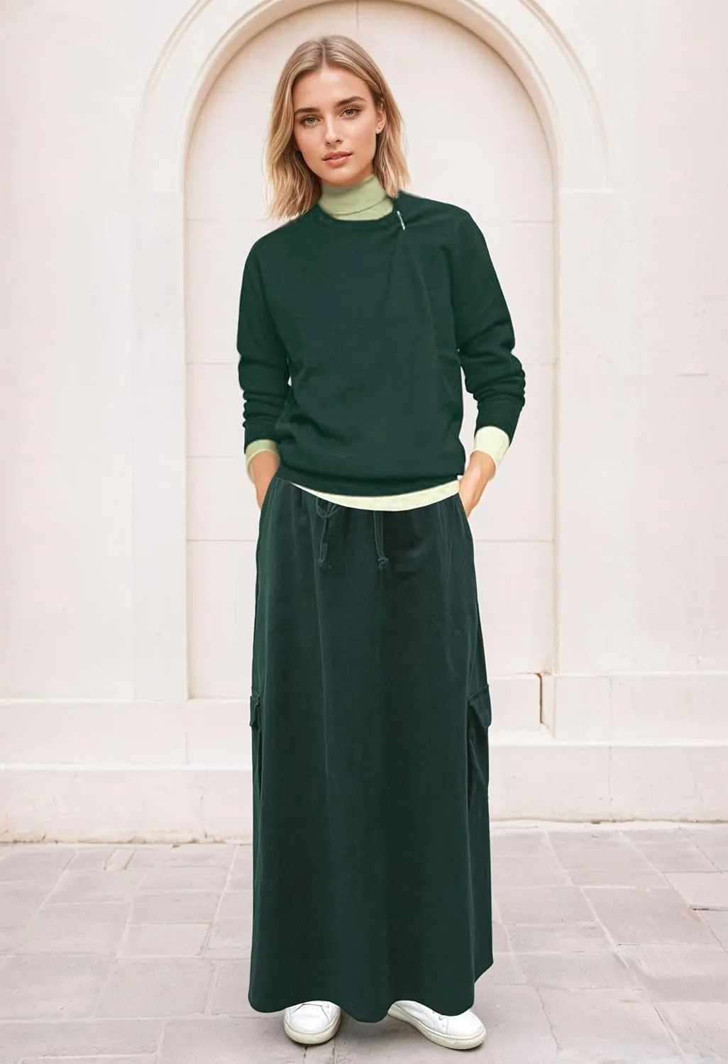 BABY O Womens 100% Cotton Corduroy Drawstring Elastic Waist Cargo Pocket Long Ankle Length Maxi Skirt, Made in USA