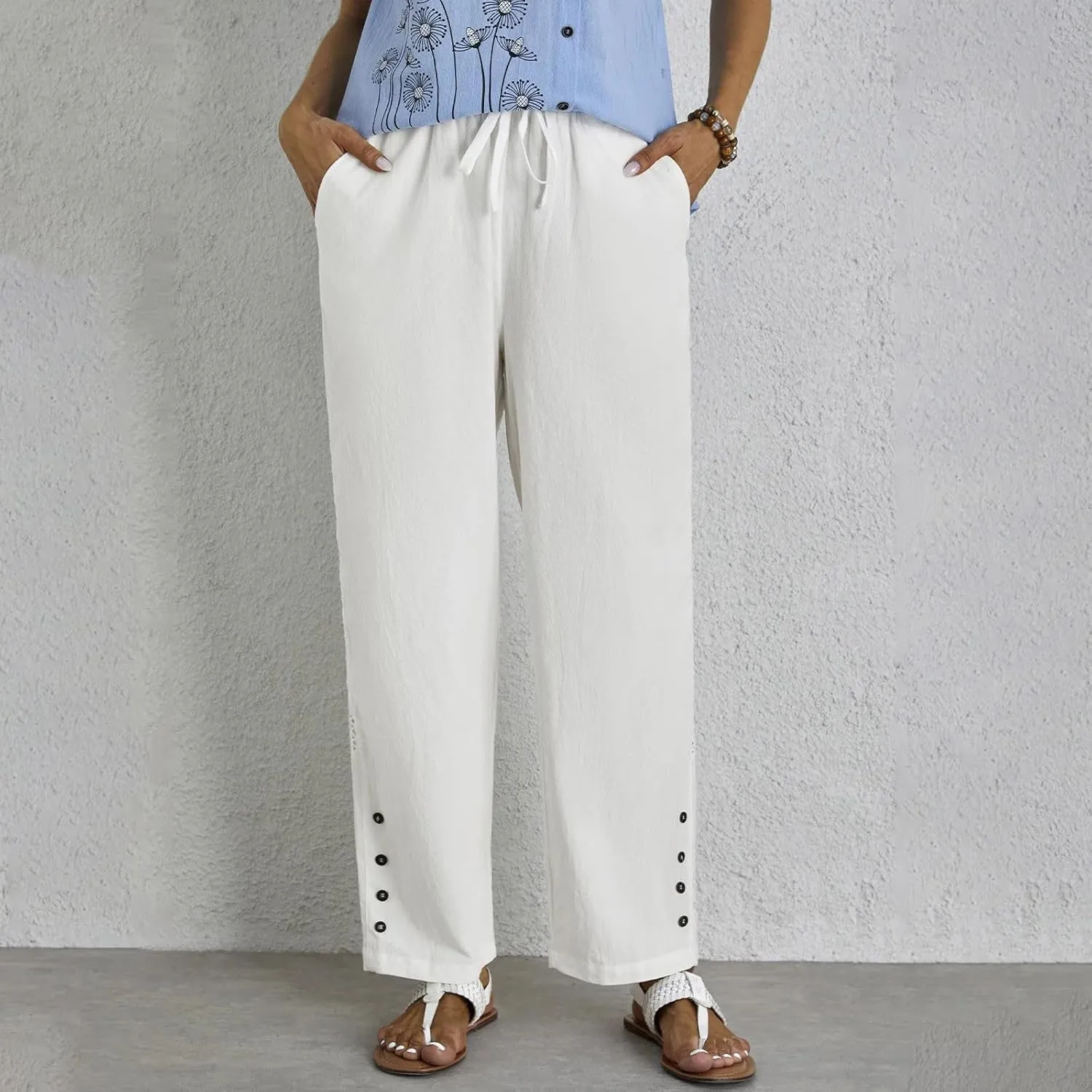 Baggy Linen Pants Women Summer Boho Lightweight High Waist Palazzo Pants Loose Comfy Straight Leg Pants Pockets