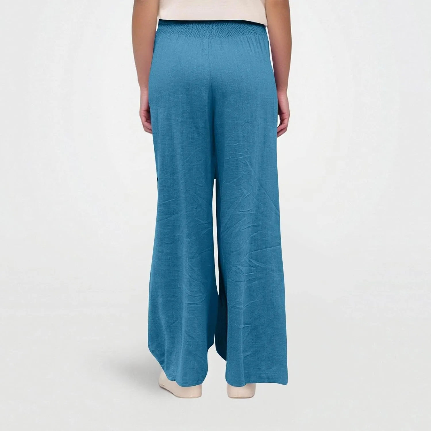 Baggy Linen Pants Women Summer High Waisted Wide Leg Palazzo Pants Smocked Pant Lounge Work Trousers with Pockets