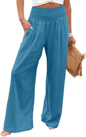 Baggy Linen Pants Women Summer High Waisted Wide Leg Palazzo Pants Smocked Pant Lounge Work Trousers with Pockets