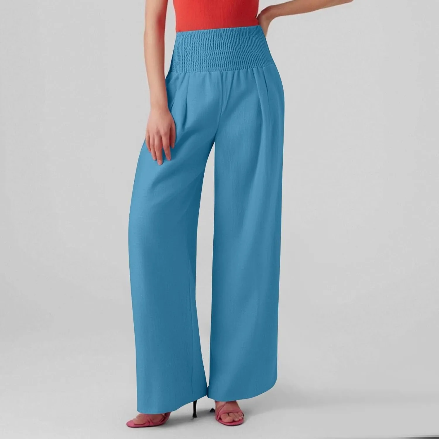 Baggy Linen Pants Women Summer High Waisted Wide Leg Palazzo Pants Smocked Pant Lounge Work Trousers with Pockets