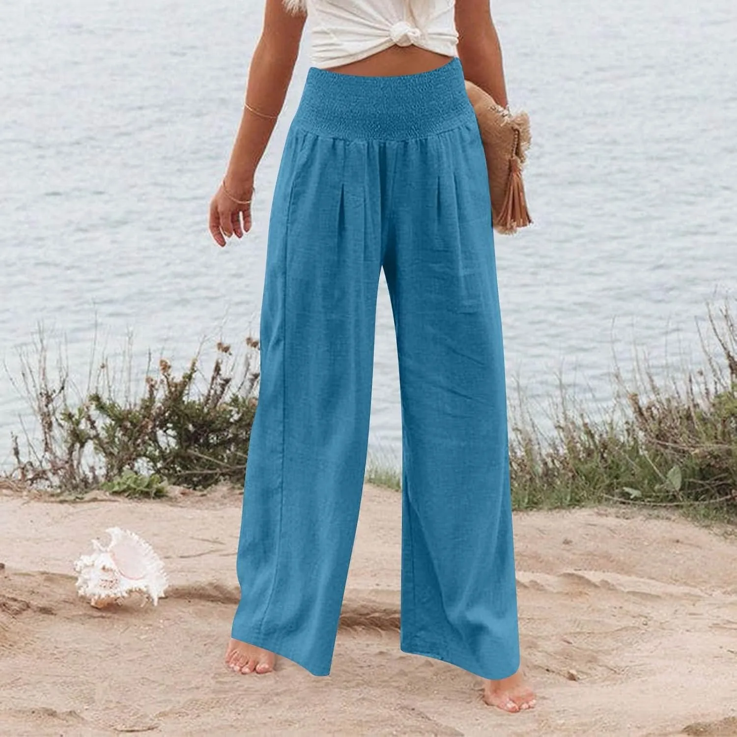 Baggy Linen Pants Women Summer High Waisted Wide Leg Palazzo Pants Smocked Pant Lounge Work Trousers with Pockets