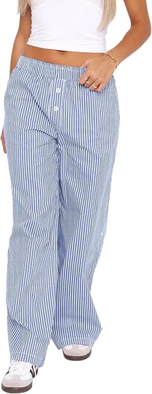 Balimtoy Women Y2k Striped Pajamas Lounge Boxer Pants Casual Elastic Waist Wide Leg Loose Trousers with Pockets Streetwear