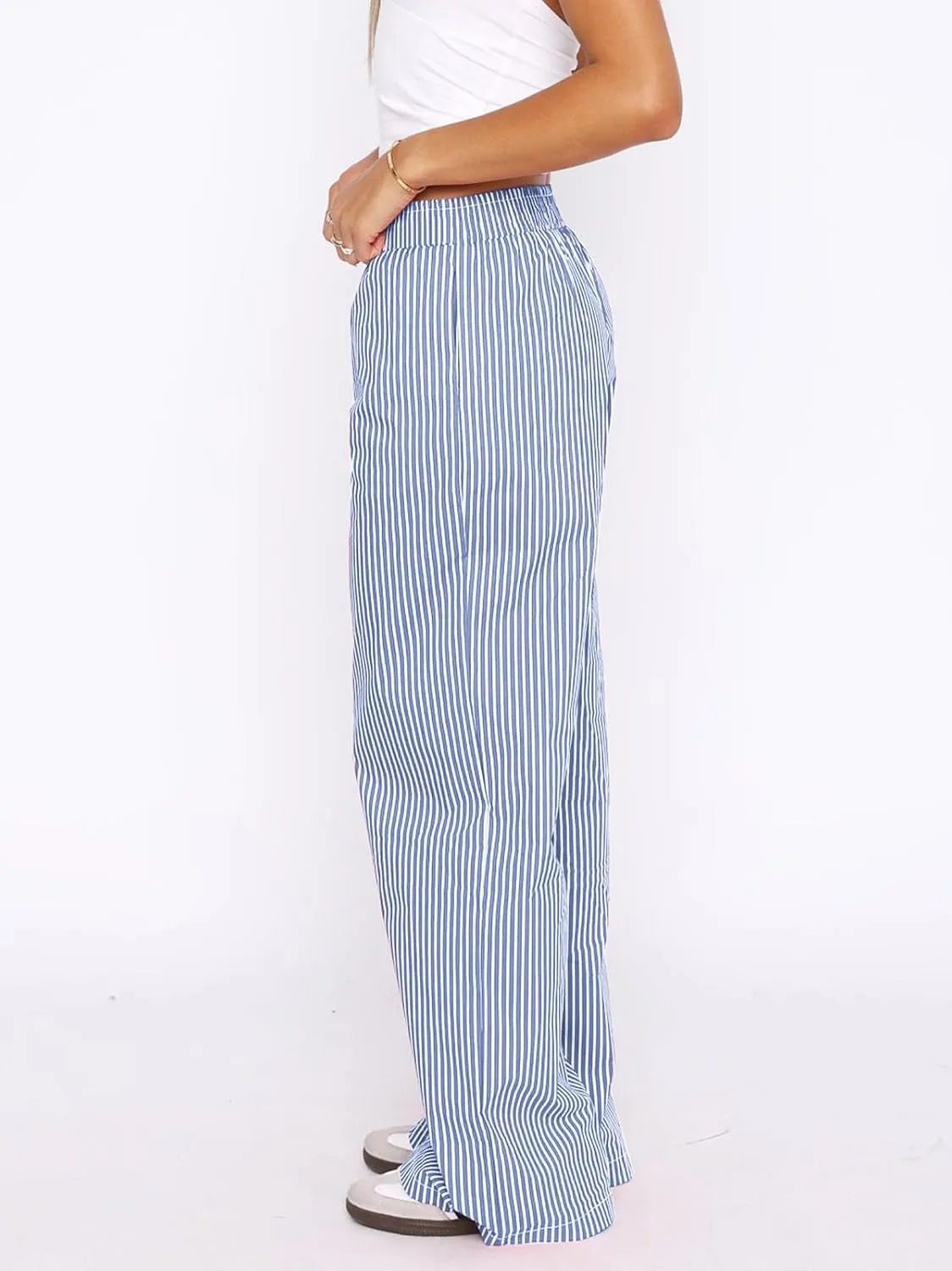 Balimtoy Women Y2k Striped Pajamas Lounge Boxer Pants Casual Elastic Waist Wide Leg Loose Trousers with Pockets Streetwear
