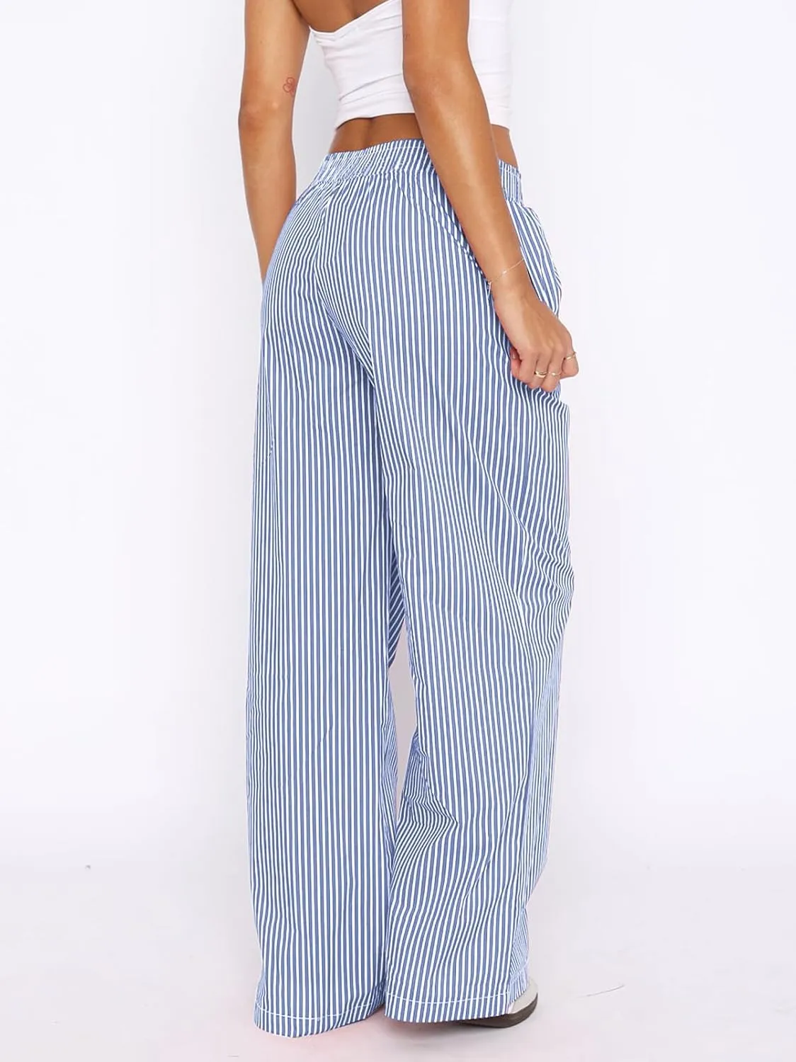 Balimtoy Women Y2k Striped Pajamas Lounge Boxer Pants Casual Elastic Waist Wide Leg Loose Trousers with Pockets Streetwear