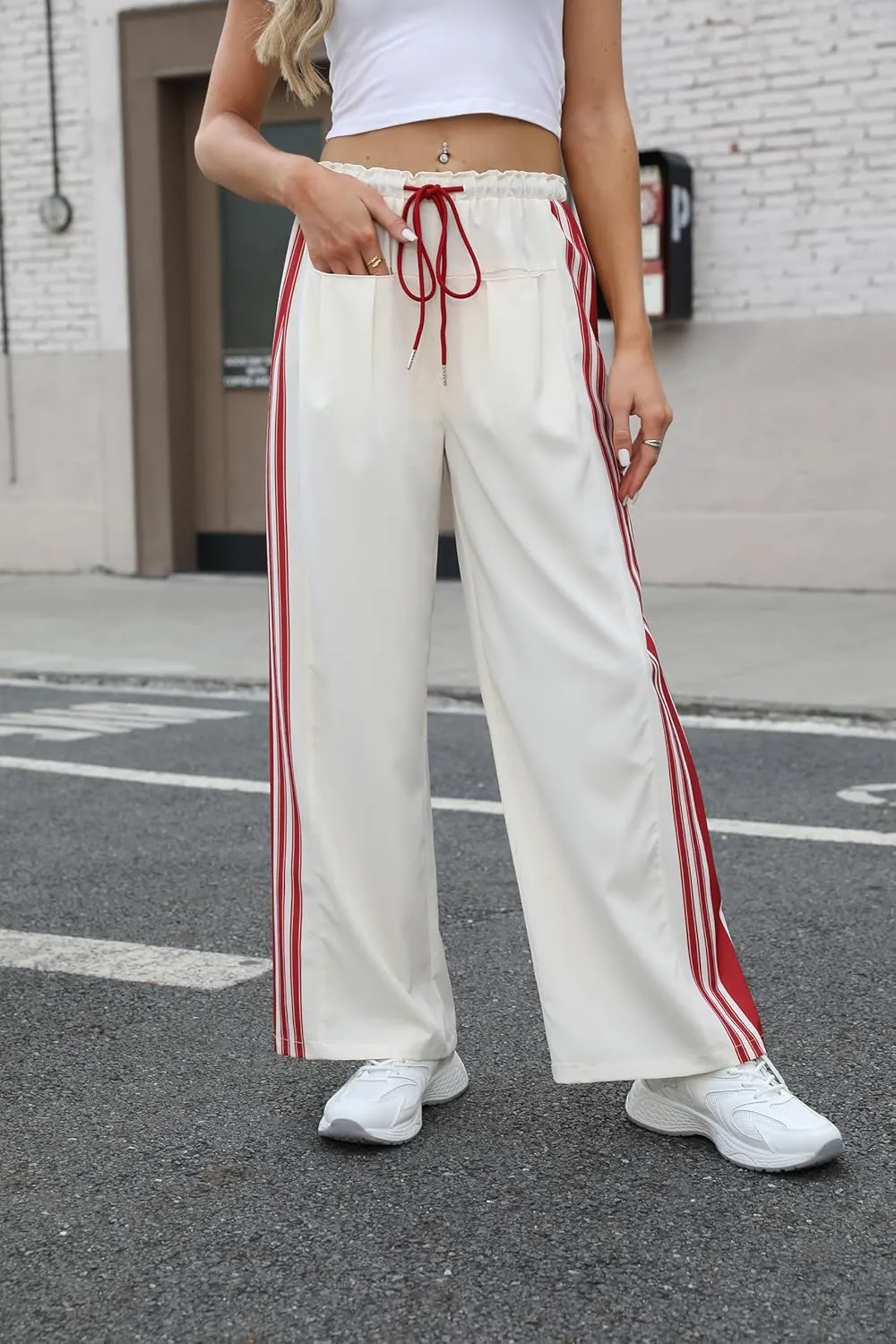 Bankeng Womens Side Striped Pants Wide Leg Drawstring High Waist Sweatpants Hudson Canyon Stripe Pants with Pockets