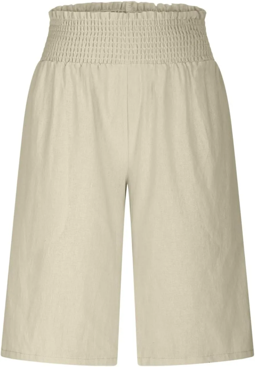 Bermuda Linen Shorts for Women Summer Wide Leg Knee Length High Waisted Shorts Casual Workout Long Short with Pockets