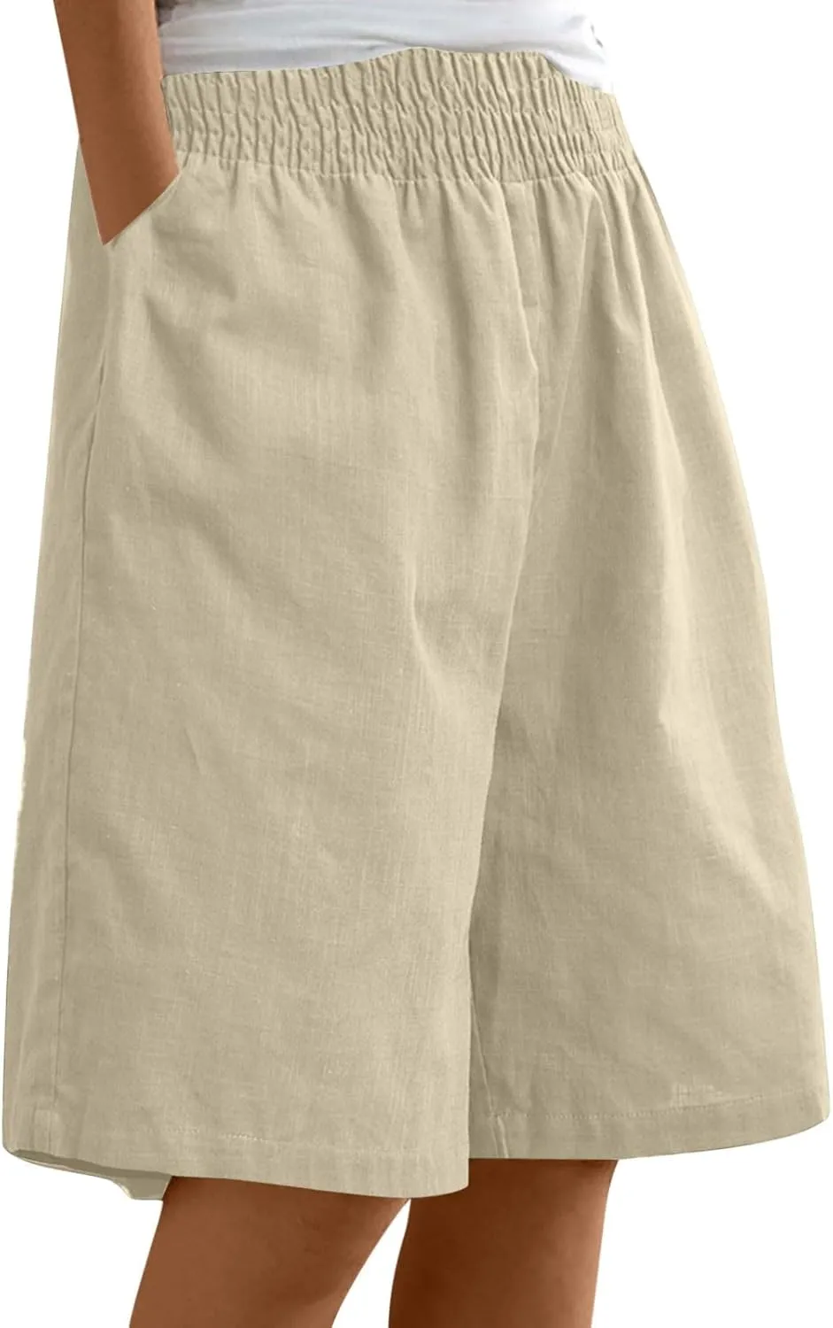 Bermuda Linen Shorts for Women Summer Wide Leg Knee Length High Waisted Shorts Casual Workout Long Short with Pockets