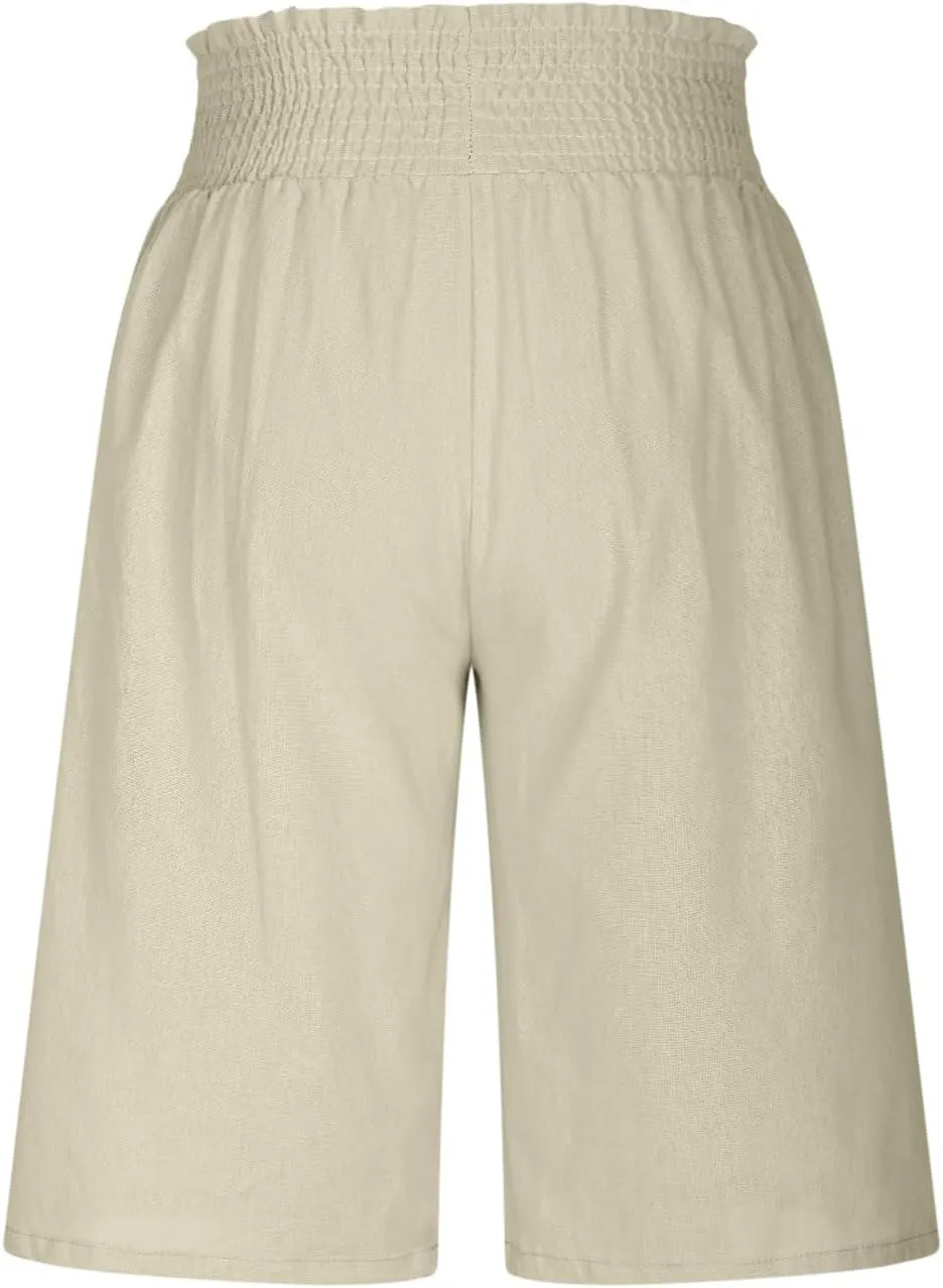 Bermuda Linen Shorts for Women Summer Wide Leg Knee Length High Waisted Shorts Casual Workout Long Short with Pockets