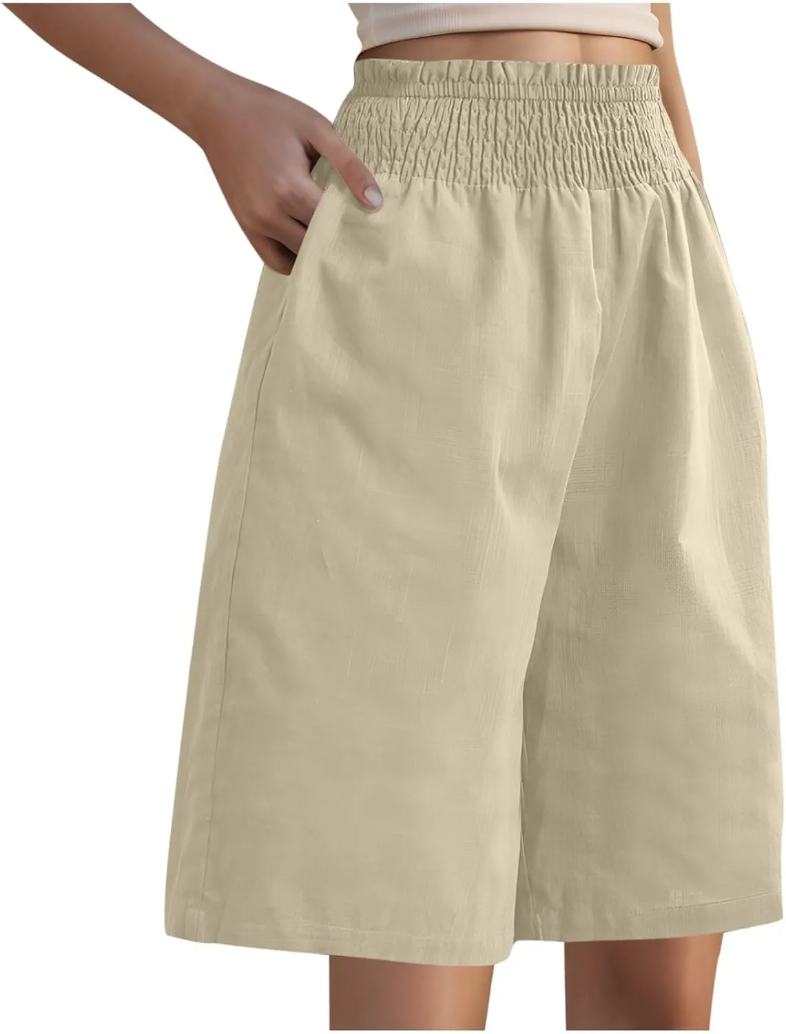 Bermuda Linen Shorts for Women Summer Wide Leg Knee Length High Waisted Shorts Casual Workout Long Short with Pockets