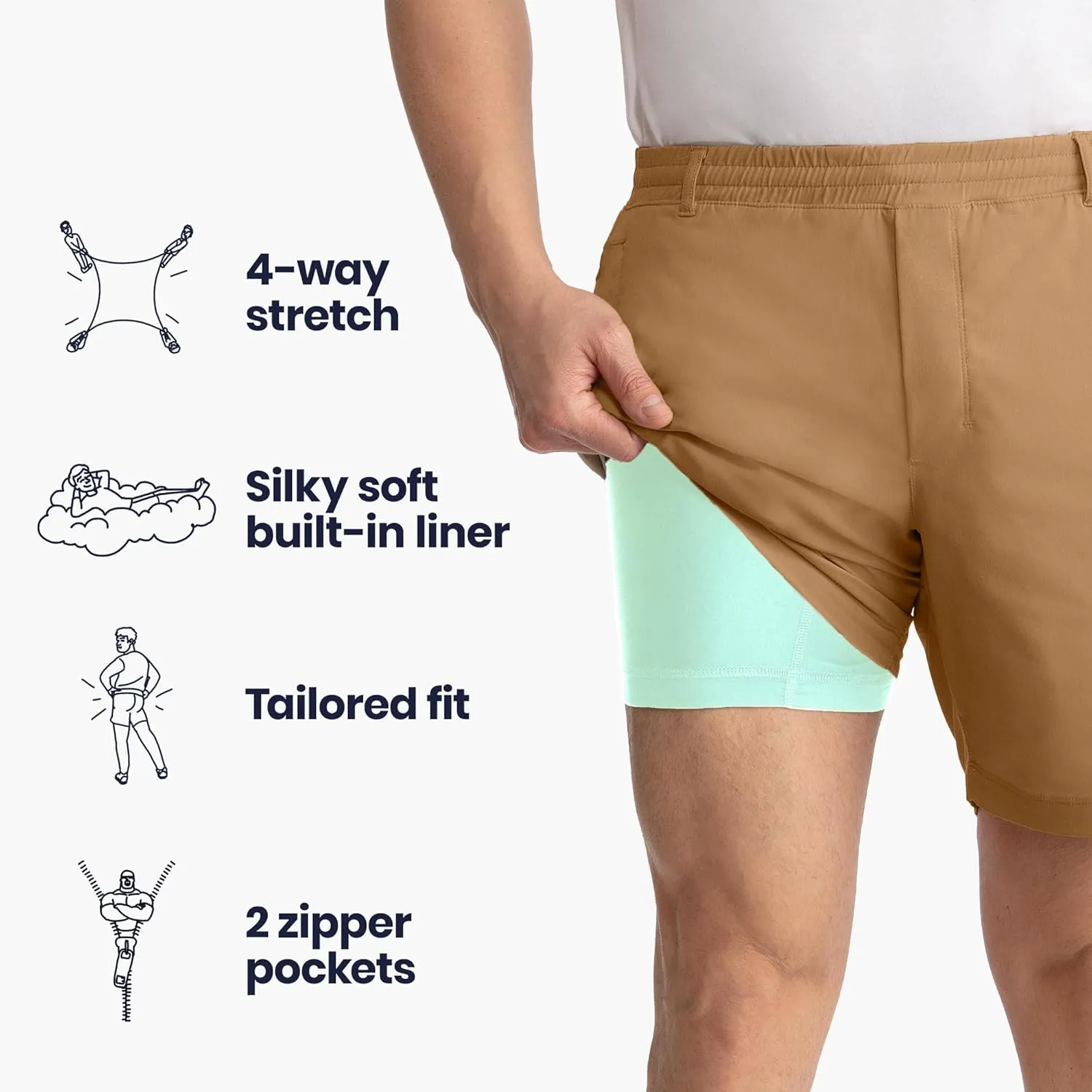 birddogs Mens Khaki Shorts  Casual, Slim Fit, Stretch Shorts with Built-in Liner for Comfort  Regular Length, 7 Inseam