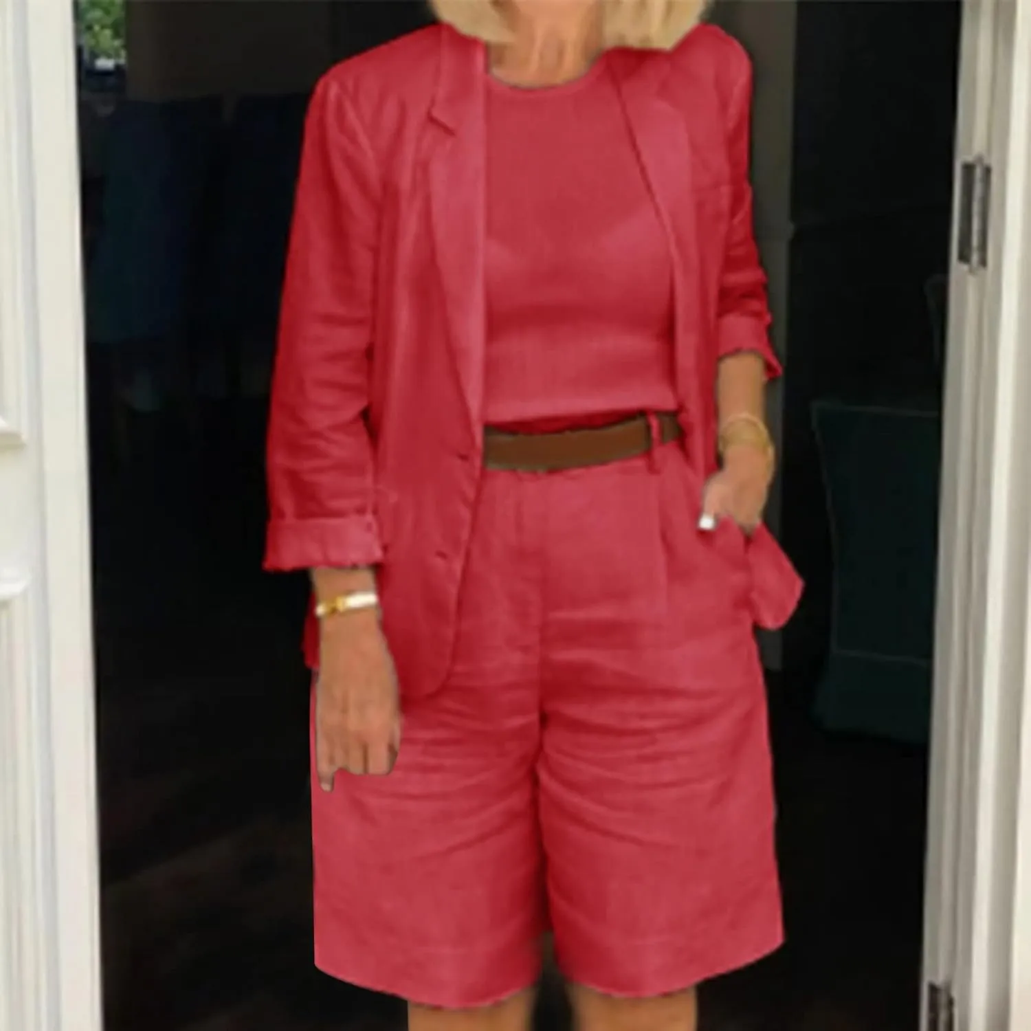 Blazer Sets for Women 2 Piece Outfits Open Front Button Up Jacket and Bermuda Shorts Suits Work Office Casual Sets
