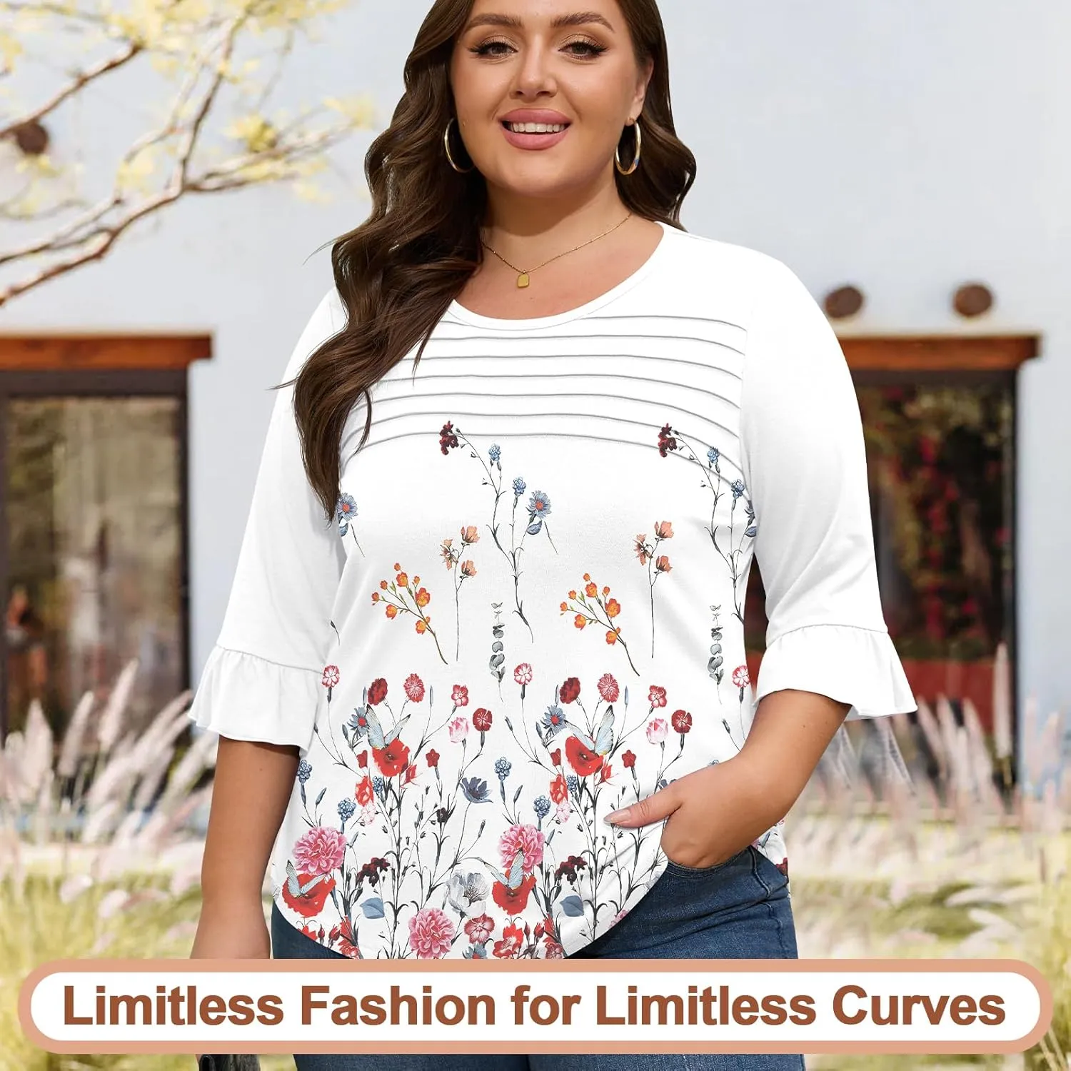 Blingfit 3/4 Length Sleeve Womens Tops Dressy Casual Shirts Ruffle Bell Sleeve Front Pleated Fasion Trendy Summer Blouses