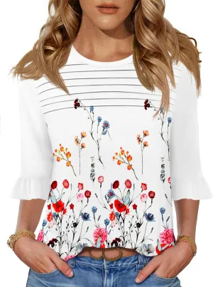 Blingfit 3/4 Length Sleeve Womens Tops Dressy Casual Shirts Ruffle Bell Sleeve Front Pleated Fasion Trendy Summer Blouses