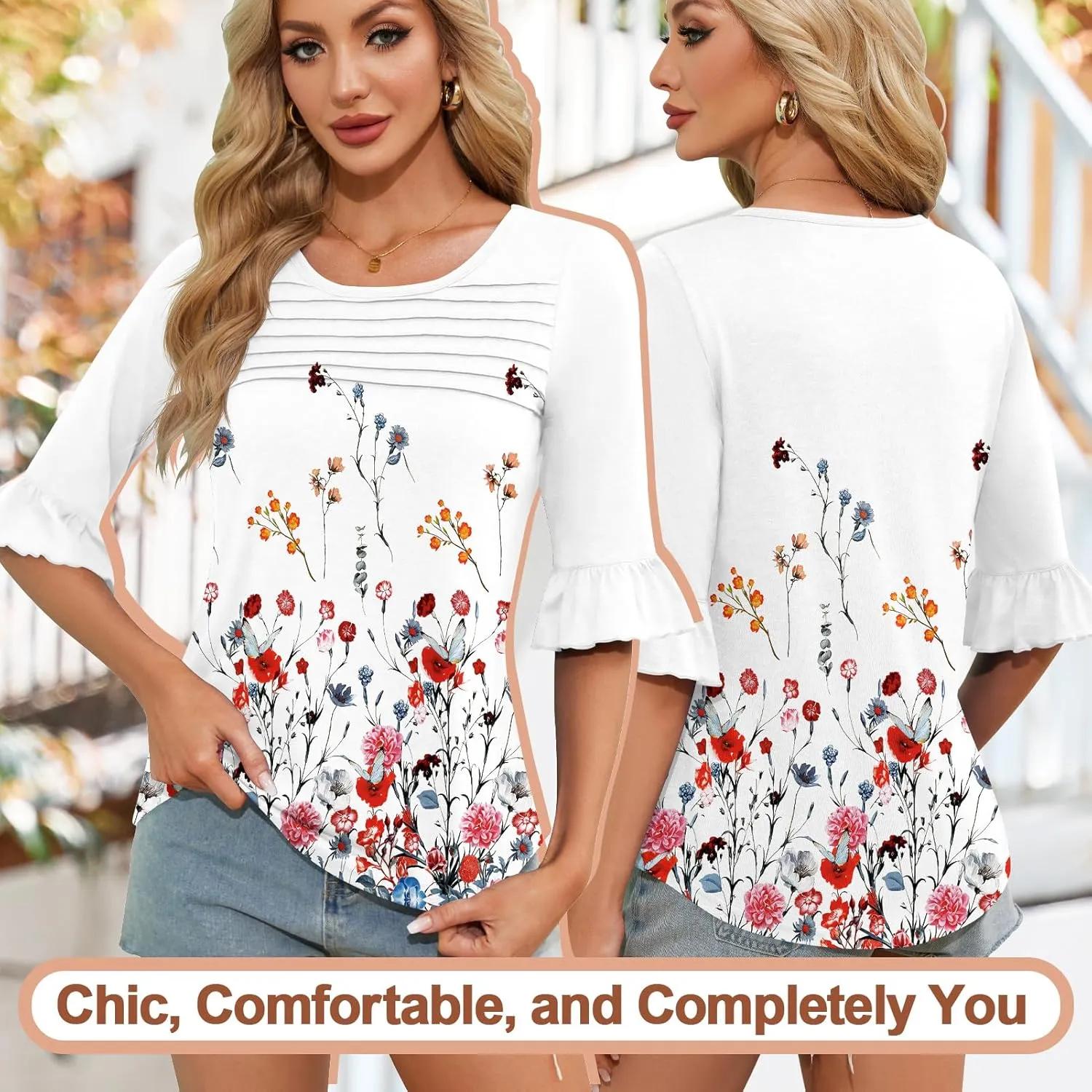 Blingfit 3/4 Length Sleeve Womens Tops Dressy Casual Shirts Ruffle Bell Sleeve Front Pleated Fasion Trendy Summer Blouses