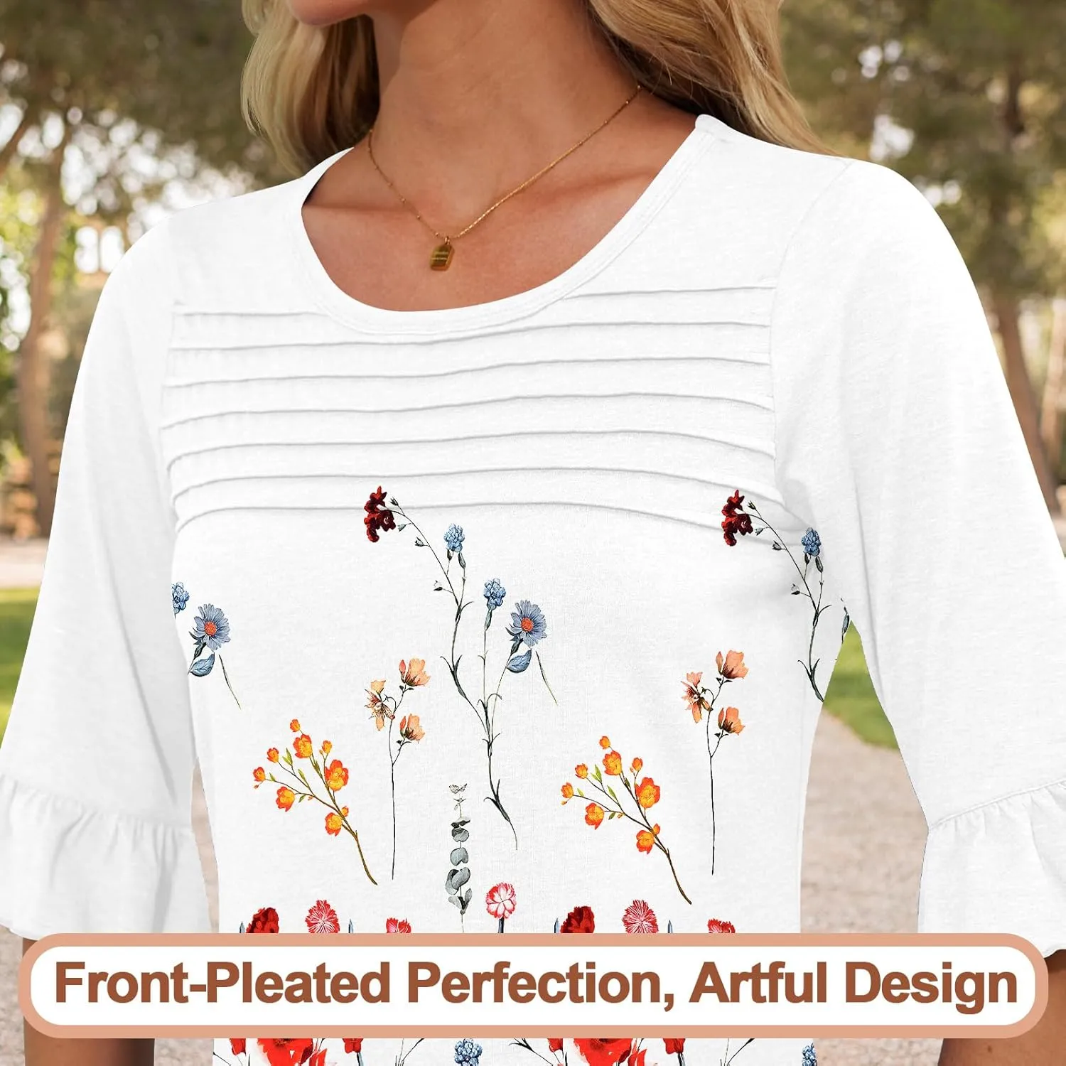 Blingfit 3/4 Length Sleeve Womens Tops Dressy Casual Shirts Ruffle Bell Sleeve Front Pleated Fasion Trendy Summer Blouses