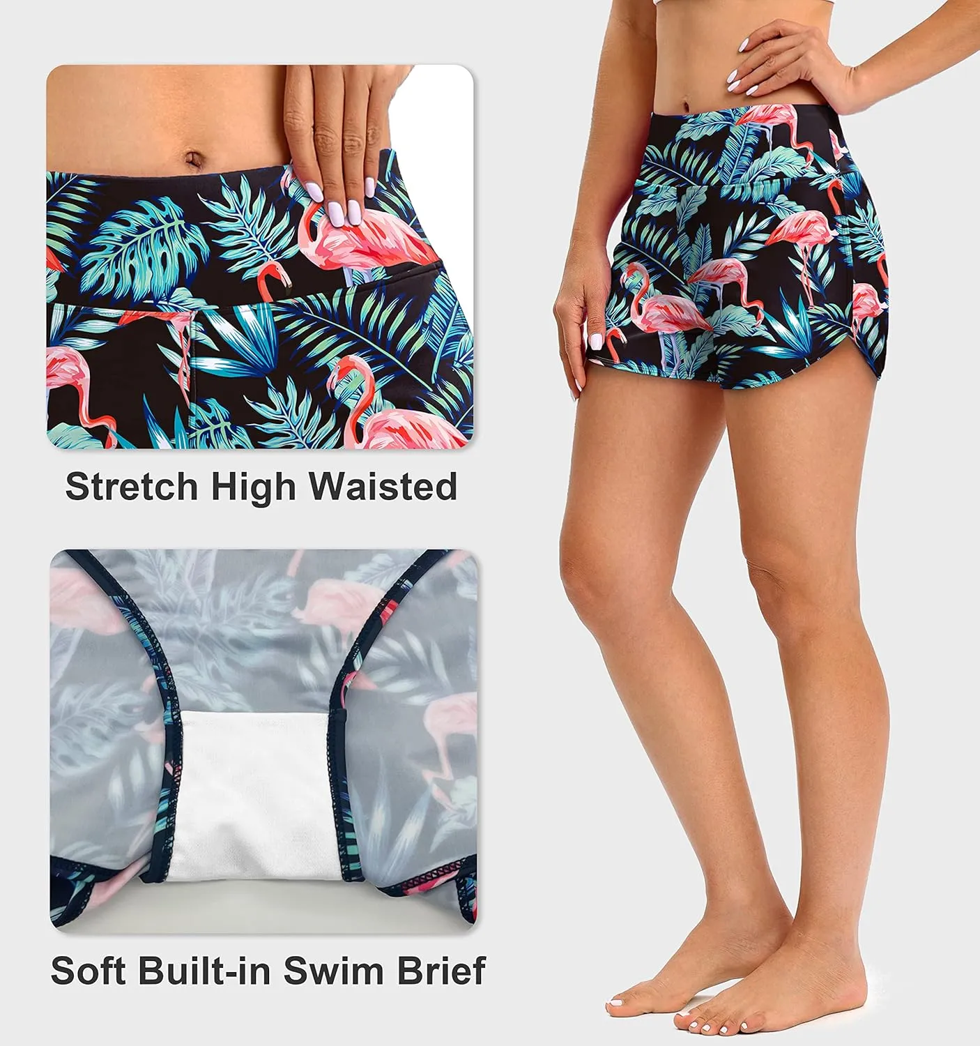 Blouty Women's Swim Board Shorts with Pockets High Waisted Tummy Control Swimsuit Bathing Shorts for Women with Liner