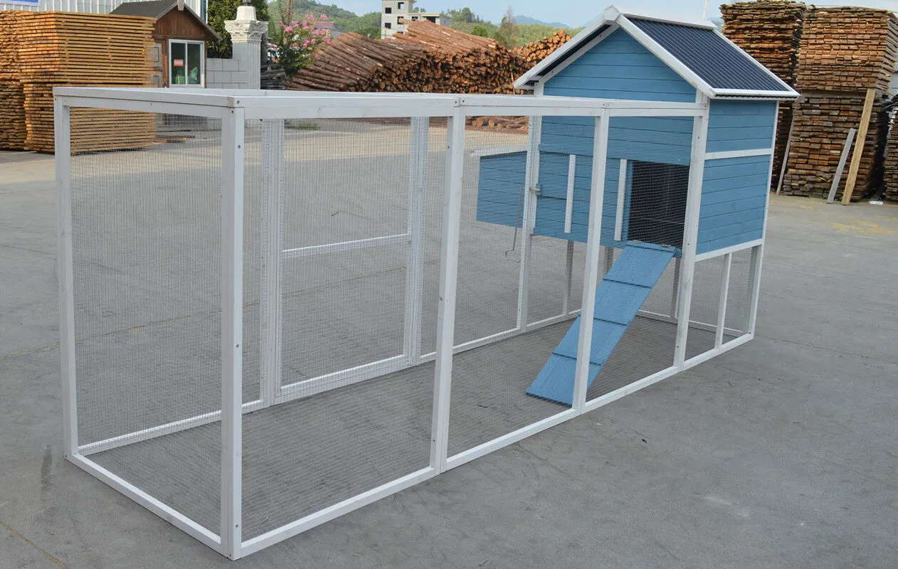 Blue XXL Wooden Chicken Coop Hutch with Nesting Box, 371cm