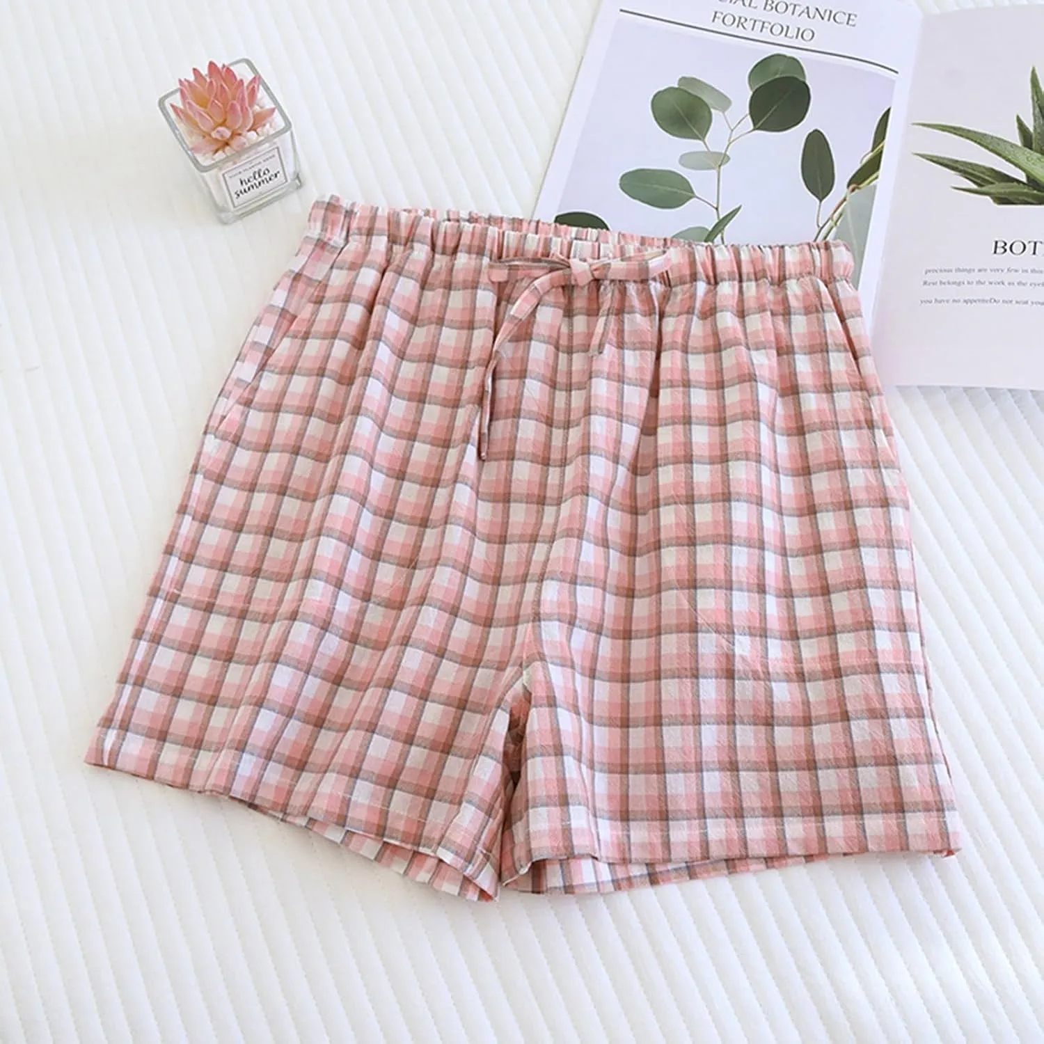 Boxer Shorts for Women Cute Plaid Mid Elastic Waist Cotton Linen Shorts Summer Loose Comfy Casual Wide Leg Lounge Bottoms