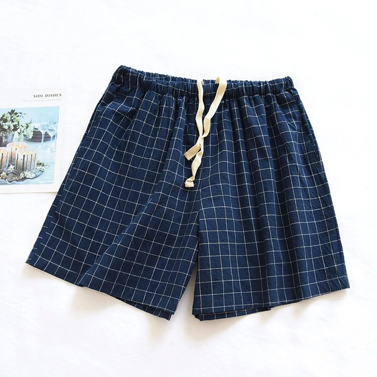 Boxer Shorts for Women Cute Plaid Mid Elastic Waist Cotton Linen Shorts Summer Loose Comfy Casual Wide Leg Lounge Bottoms