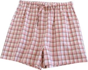 Boxer Shorts for Women Cute Plaid Mid Elastic Waist Cotton Linen Shorts Summer Loose Comfy Casual Wide Leg Lounge Bottoms