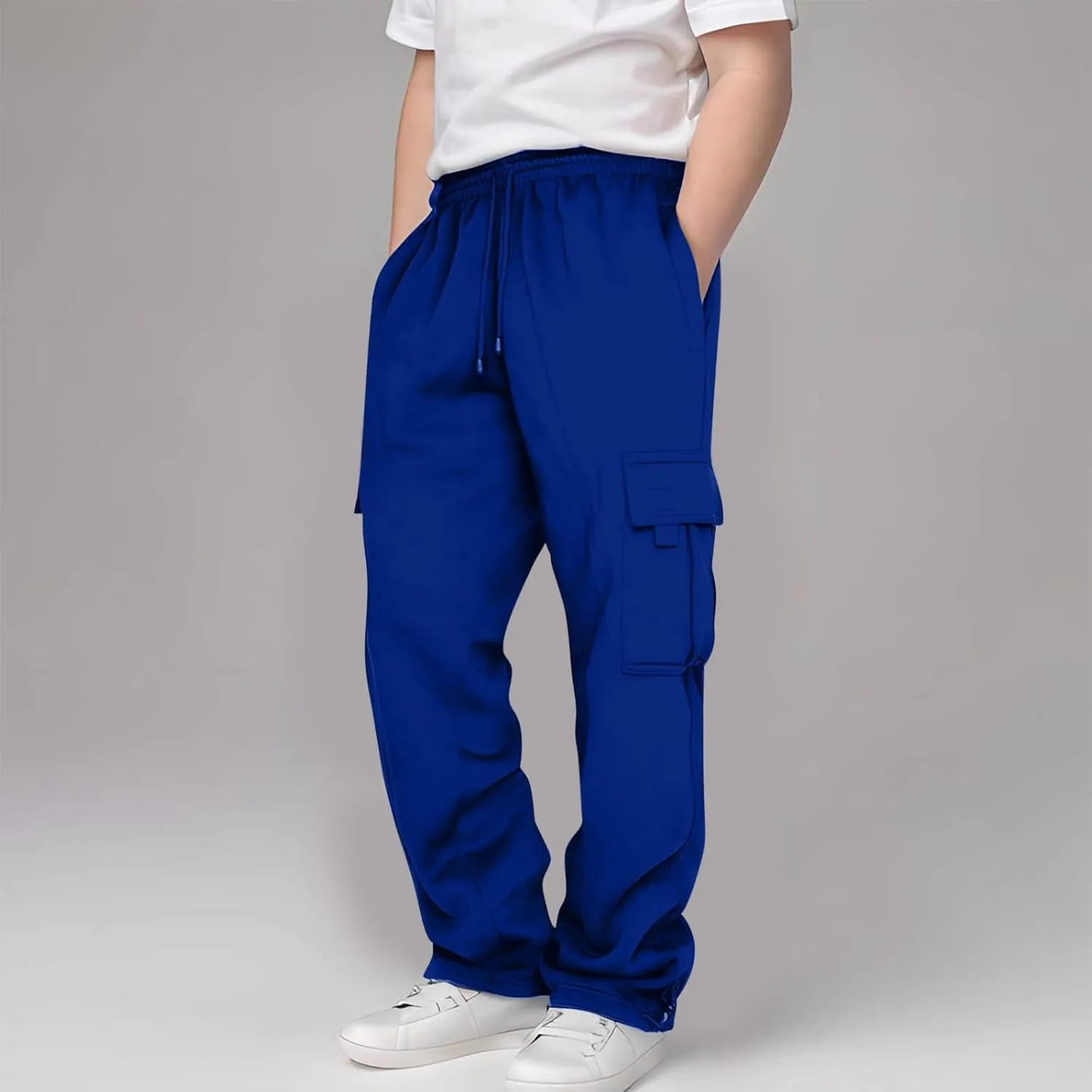 Boys' Open Bottom Fleece-Lined Sweatpants with Pockets High Elastic Waist Baggy Wide Straight Leg Pants 5-15 Years