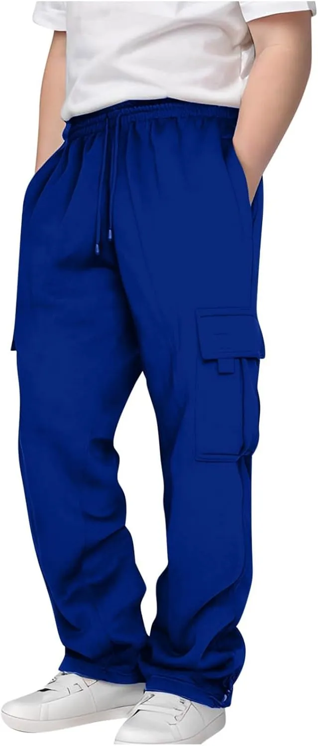 Boys' Open Bottom Fleece-Lined Sweatpants with Pockets High Elastic Waist Baggy Wide Straight Leg Pants 5-15 Years
