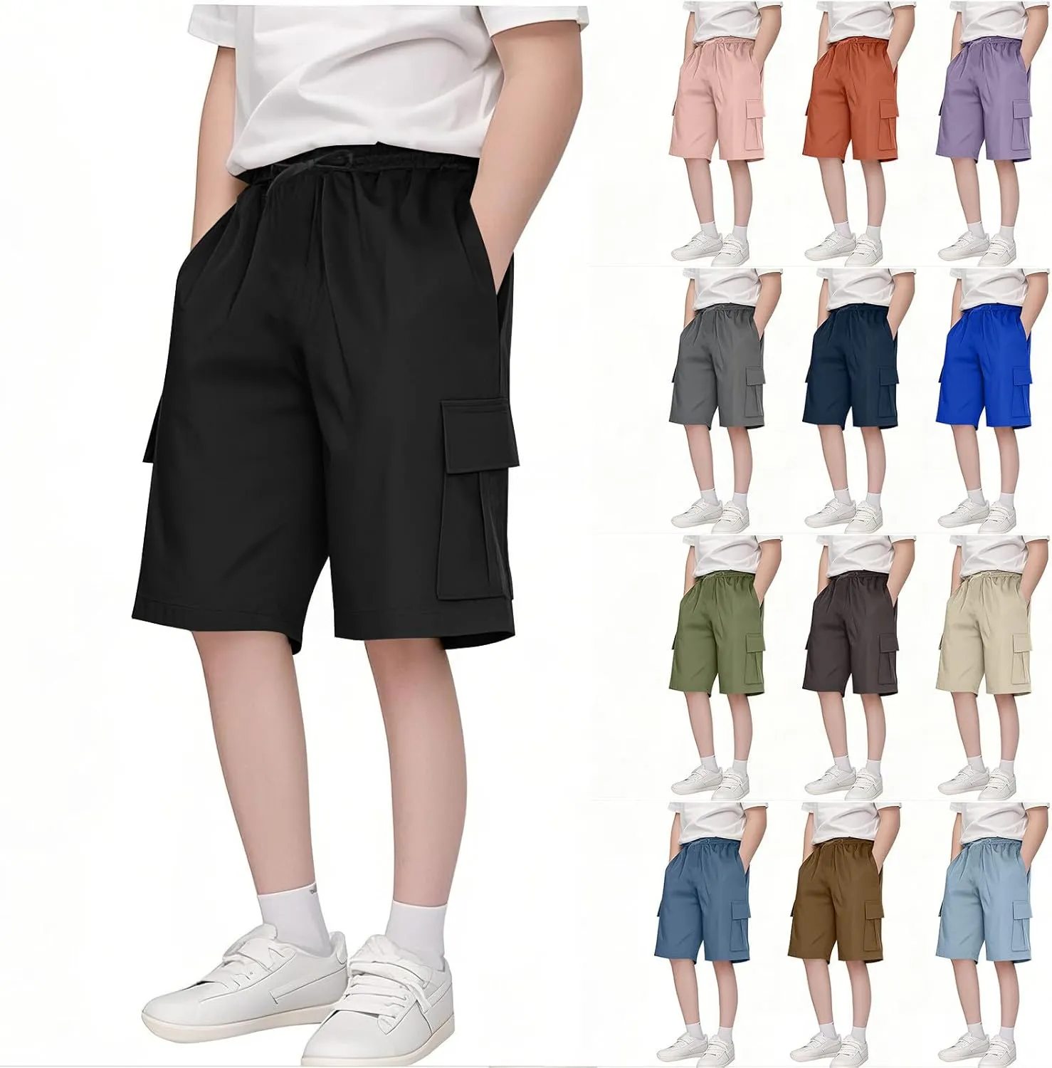Boys Stretch Hiking Cargo Shorts Loose Elastic Waist Athletic Golf Summer Travel Shorts with Pockets for for 3-14 Years