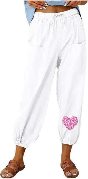 Breast Cancer Awareness Cropped Pants for Women, Summer Casual Cotton Linen Sweatpants Drawstring Tie Trousers with Pockets
