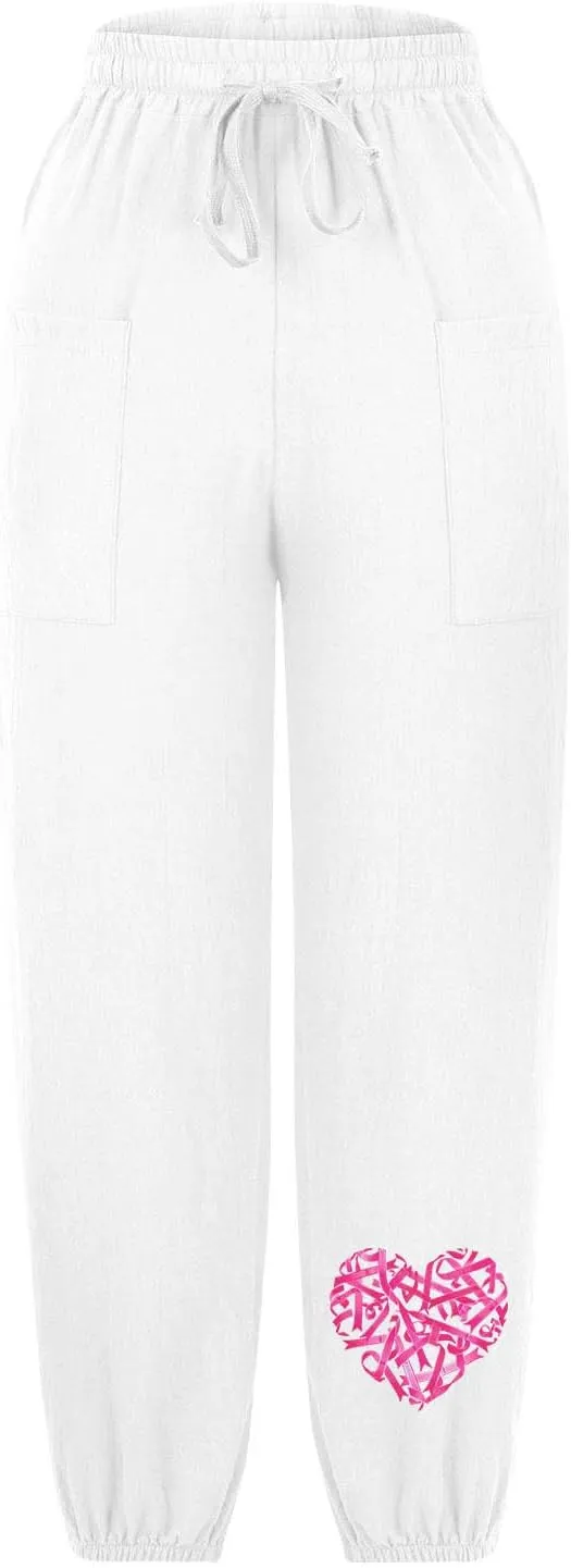 Breast Cancer Awareness Cropped Pants for Women, Summer Casual Cotton Linen Sweatpants Drawstring Tie Trousers with Pockets