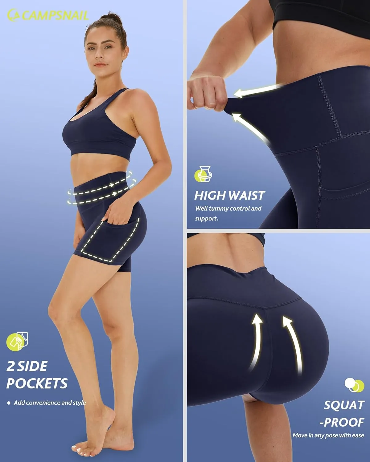 CAMPSNAIL 4 Pack Biker Shorts Women with Pockets  5"/8" High Waist Tummy Control Workout Gym Yoga Running Compression Shorts