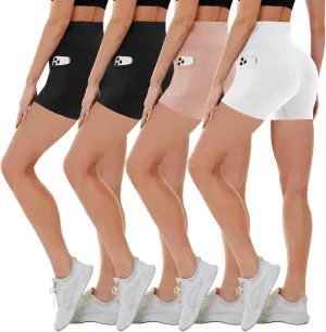 CAMPSNAIL 4 Pack Biker Shorts Women with Pockets  5"/8" High Waist Tummy Control Workout Gym Yoga Running Compression Shorts